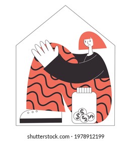 Sad girl in a tiny house with little savings in money box. Frustrating lmited space living concept. Mortgage loan isolated vector flat illustration.