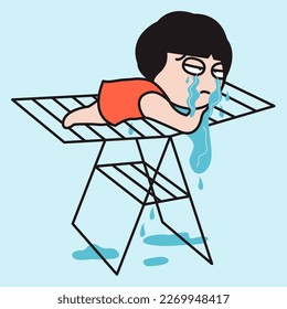 Sad Girl Trying To Dry Her Tears On A Cloth Drying Rack Stand Concept Card Character illustration