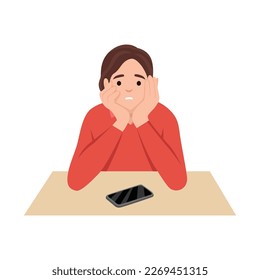 Sad girl waiting for a call or a message on her cell phone. Flat vector illustration isolated on white background