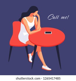 Sad girl waiting for a call. Young woman sitting at the table with mobile phone. Vector illustration