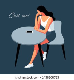 Sad girl waiting for a call. Young woman sitting at the table with smartphone. Vector illustration svg