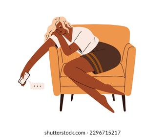 Sad girl waiting for message, phone call. Tired woman holding smartphone, expecting response in internet chat. Texting, correspondence concept. Flat vector illustration isolated on white background