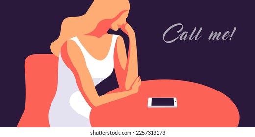 Sad girl waiting for a night call. Young woman sitting at the table with smartphone. Vector illustration