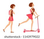 sad girl  walking and happy girl riding a scooter. Cartoon vector illustration