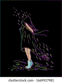 sad girl in walks through the puddles on a rainy day. vector  illustration of autumn windy cold day. picture neon line art black background. doodle outline drawing.