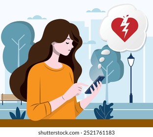 Sad girl watching her phone illustration, sad notification icon, women Heartbroken check her phone