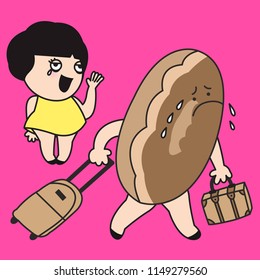 Sad Girl Waving Goodbye To Sorrowful Donut Shape Human Who Leaving With Suitcase. Concept Of Weight Watcher Beginning To Reduce Food Waste Card Character illustration