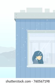 Sad Girl Window  Falling Snowflakes Vector Illustration