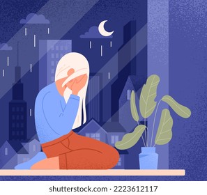 Sad girl at window. Woman on background of night city sits on knees covering face with hands. Depression and frustration, sadness and loneliness. Mental health. Cartoon flat vector illustration