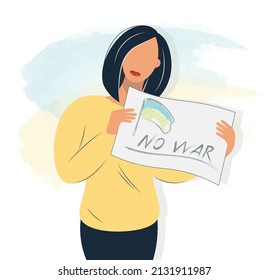 A sad girl, a woman holds a sign with the inscription No to war in her hands. Protest. Rally. The concept of support for Ukraine. Vector isolated illustration in modern flat style.