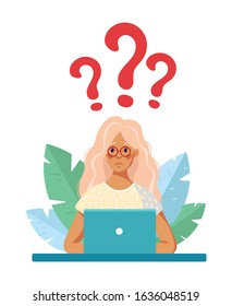 Sad girl is working on a computer. The concept of fatigue, disappointment, problems at work, questions in study. Female character and question marks. Simple vector illustration