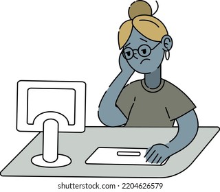 Sad girl working or studying with a computer