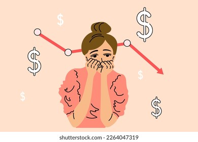 Sad girl worry about money. Lost money concept. Going Down Statistics. Vector illustration in cartoon style.