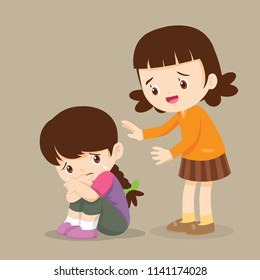 sad girl.Cute Girl Comforting Her Crying Friend.Children Consoling cry isolate background.Girl feeling guilty.