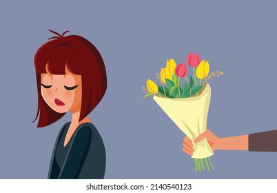 
Sad Girlfriend Receiving Flowers and Apologies Vector Illustration. Remorseful husband offering a floral bouquet for reconciliation
