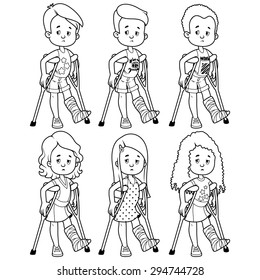 Sad girls and boys with a broken leg in a cast. Vector illustration on a white background.