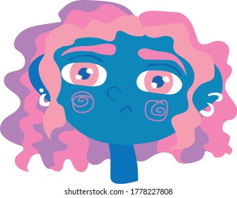 sad girls head vector illustration with pink curly hair, blue skin and big eyes 