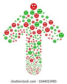 Sad And Glad Smiley collage designed in the figure of upwards cursor arrow. Forward pointer arrow shape designed from sad and glad smiley pictograms.