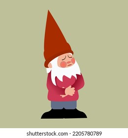 Sad gnome isolated on green background