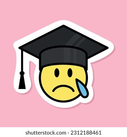 sad graduate crying, emoji with graduation hat sticker, yellow symbol with black outline, groovy aesthetic vector design element