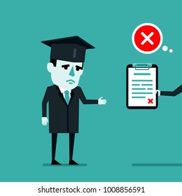 Sad Graduate Student Gets His Resume Declined. Job Search, Rejected Document. Flat Style Vector Illustration