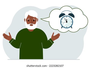 Sad grandfather with a balloon of air thoughts with an alarm clock. Time management, planning, organization of working time, effective business, deadline. Vector flat illustration