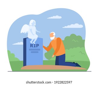 Sad grandfather crying on grave of his grandchild. Angel, ghost, sorrow flat vector illustration. Death and cemetery concept for banner, website design or landing web page