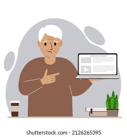 Sad grandfather holding a laptop computer with one hand and pointing at it with the other. Laptop computer technology concept. Vector flat illustration