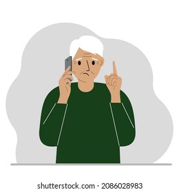 Sad grandfather talking on a cell phone with emotions. One hand with the phone the other with a forefinger up gesture. Vector flat illustration