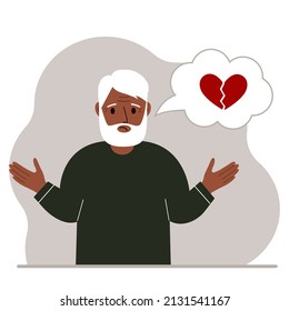 Sad grandfather thinks about love. In a balloon of thought, a red broken heart. The concept of parting and not shared love. Vector flat illustration