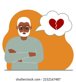 Sad grandfather thinks about love. In a balloon of thought, a red broken heart. The concept of parting and not shared love.