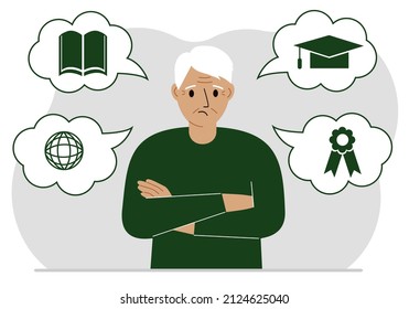 Sad grandfather with thoughts about learning. Internet profession, higher education, stock exchange, financial literacy. Various icons about education. Vector flat illustration