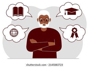 Sad grandfather with thoughts about learning. Internet profession, higher education, stock exchange, financial literacy. Various icons about education. Vector flat illustration
