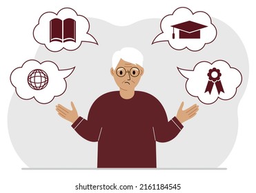 Triste abuelo con pensamientos sobre el aprendizaje. profesión de Internet, educación superior, bolsa de valores, alfabetización financiera. Diversos íconos sobre la educación. Ilustración plana del vector