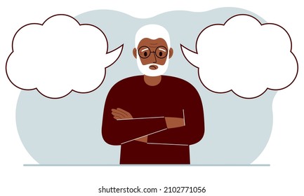 A sad grandfather tries to make the right decision. Left and right empty bubbles. Comparison of the two solutions. Vector flat illustration