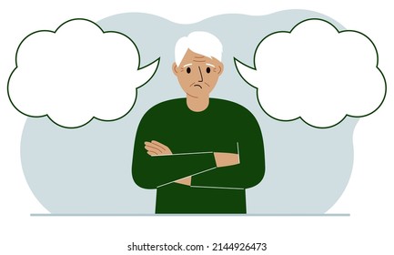 A sad grandfather tries to make the right decision. Left and right empty bubbles. Comparison of the two solutions. Vector flat illustration