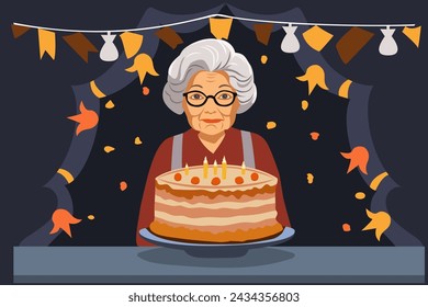 Sad grandma in front of a cake with birthday candles.