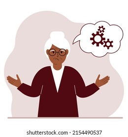 Sad grandma thinks, dreams with gears concept. Grandmother is thinking about solving the problem. Balloon with the image of three gears. Vector flat illustration.