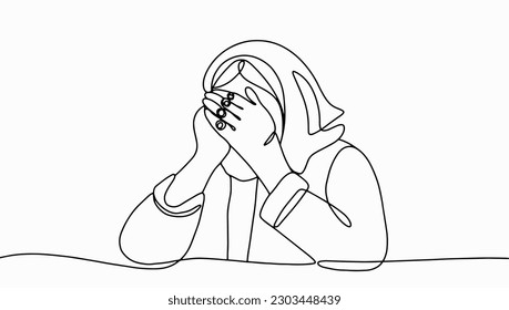 Sad grandmother covered her face with her hands. Emotions of an elderly person. World Elder Abuse Awareness Day. One line drawing for different uses. Vector illustration.