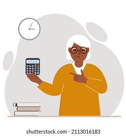A sad grandmother holds a digital calculator in his hand and gestures, pointing with the finger of his other hand to the calculator. Vector flat illustration