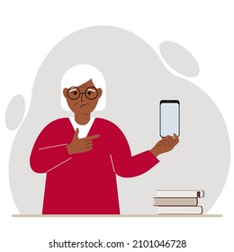 A sad grandmother holds a mobile phone in one hand and points at it with the index finger of his other hand. Vector flat illustration