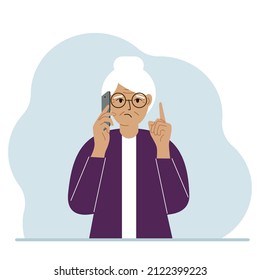 Sad grandmother talking on a cell phone with emotions. One hand with the phone the other with a forefinger up gesture. Vector flat illustration