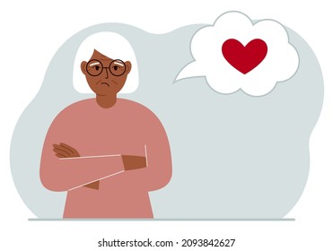 Sad grandmother thinks about love. In the balloon of thought is a red heart. Vector flat illustration