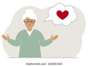 Sad grandmother thinks about love. In the balloon of thought is a red heart. Vector