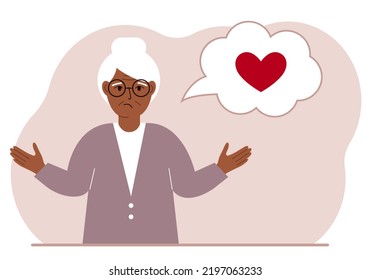 Sad Grandmother Thinks About Love. In The Balloon Of Thought Is A Red Heart. Vector Flat Illustration