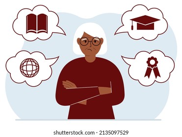 Sad grandmother with thoughts about learning. Internet profession, higher education, stock exchange, financial literacy. Various icons about education. Vector flat illustration