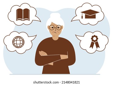 Triste abuela con pensamientos sobre el aprendizaje. profesión de Internet, educación superior, bolsa de valores, alfabetización financiera. Diversos íconos sobre la educación. Ilustración plana del vector