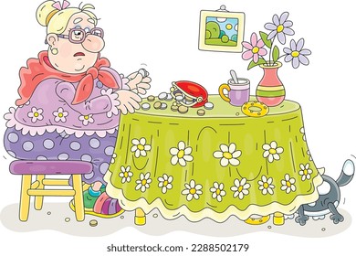 Sad granny sitting at her kitchen table and counting last coins left from monthly pension payment, vector cartoon illustration isolated on a white background