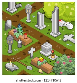 Sad graveyard scene with tombs, tombstones, columns, shovel and corpse underneath a shrubbery