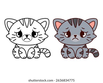 Sad gray cartoon kitten in line art and colored version, emotional cute cat character for kids coloring book pages, printable educational activities, sticker sets and nursery design with expressive